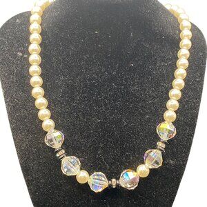 Vintage 30" Faux Pearl Necklace Faceted AB Barrel Crystals Rhinestone Rondelles
